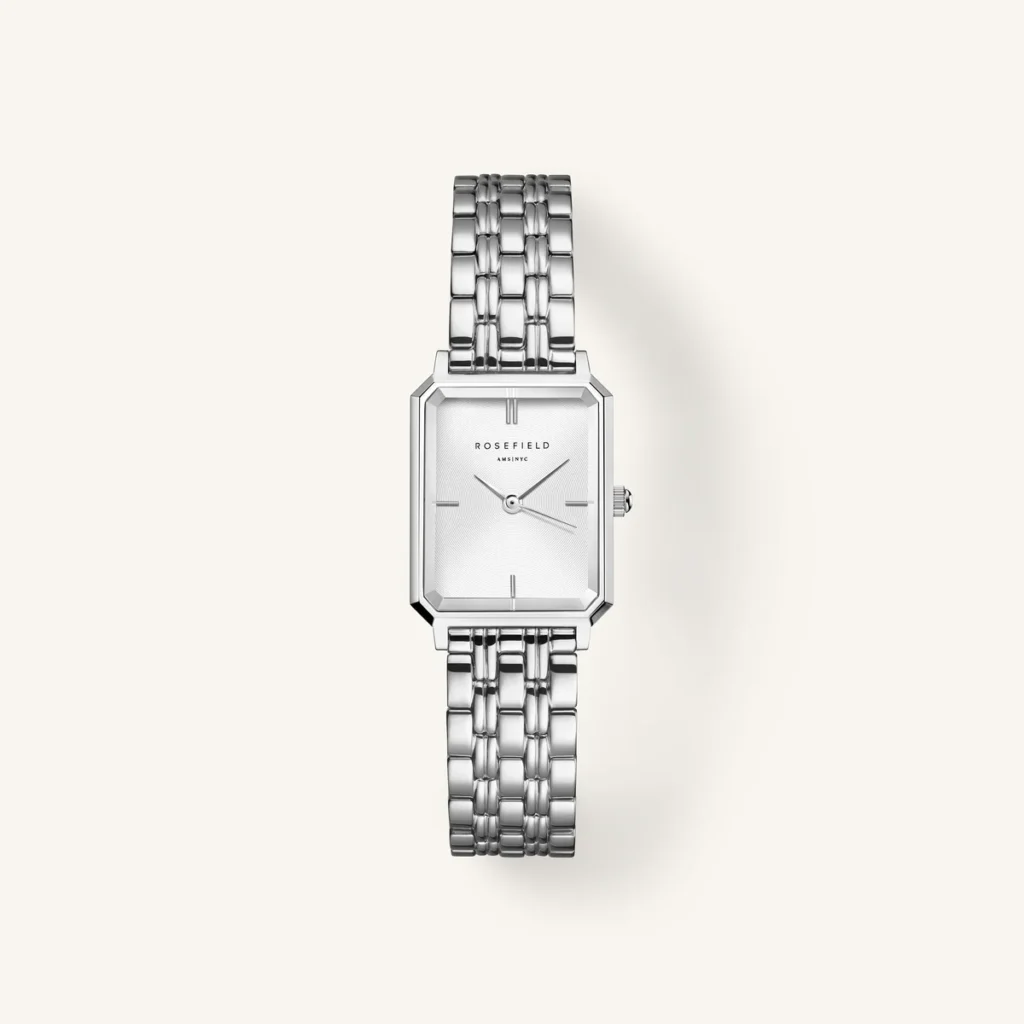 A sleek silver watch with an octagonal face and a chain link bracelet, ideal for the Cameras of 2025.